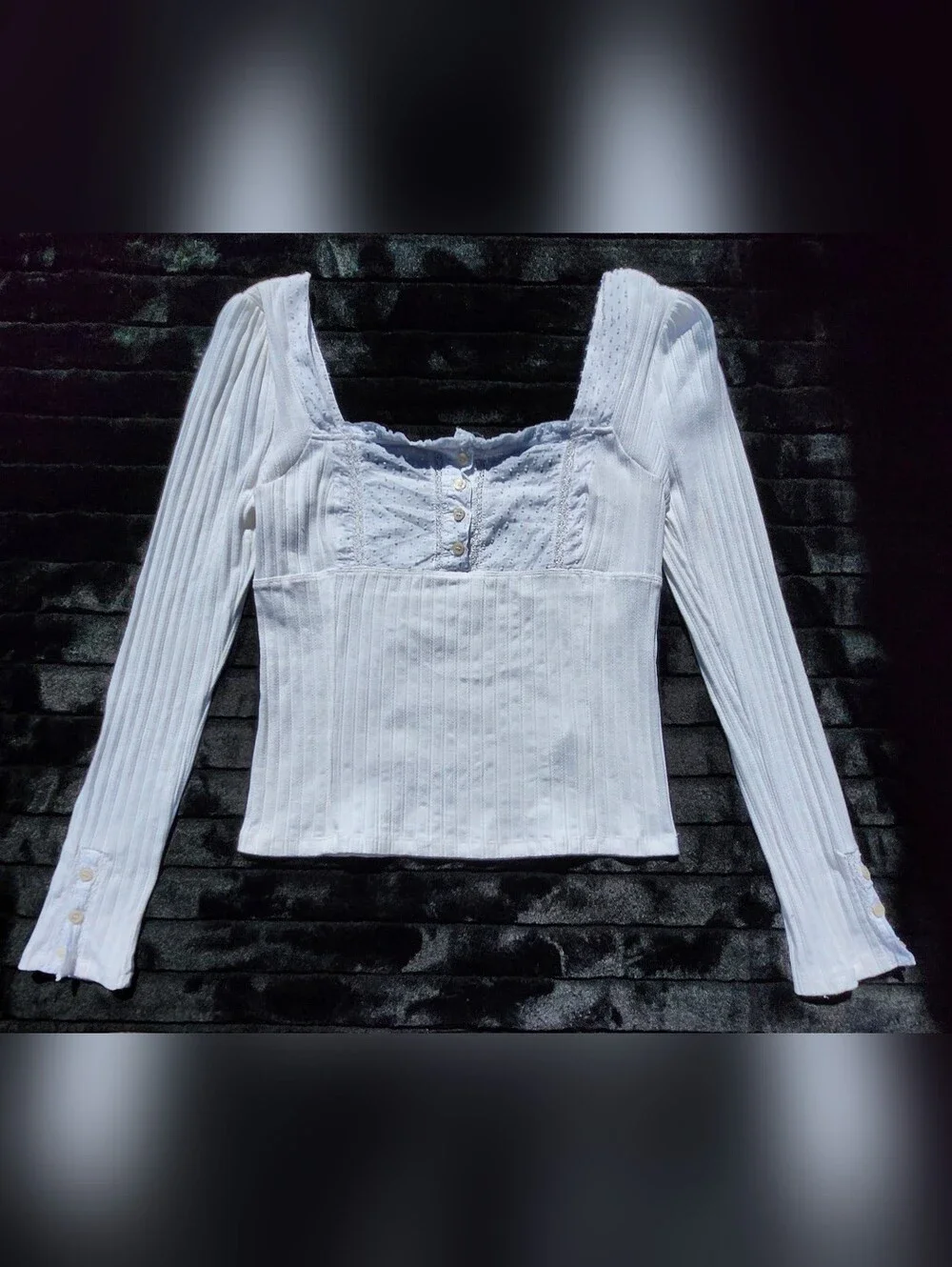 Free People Sugar Sugar White Ribbed Long Sleeve Top Size LARGE‎